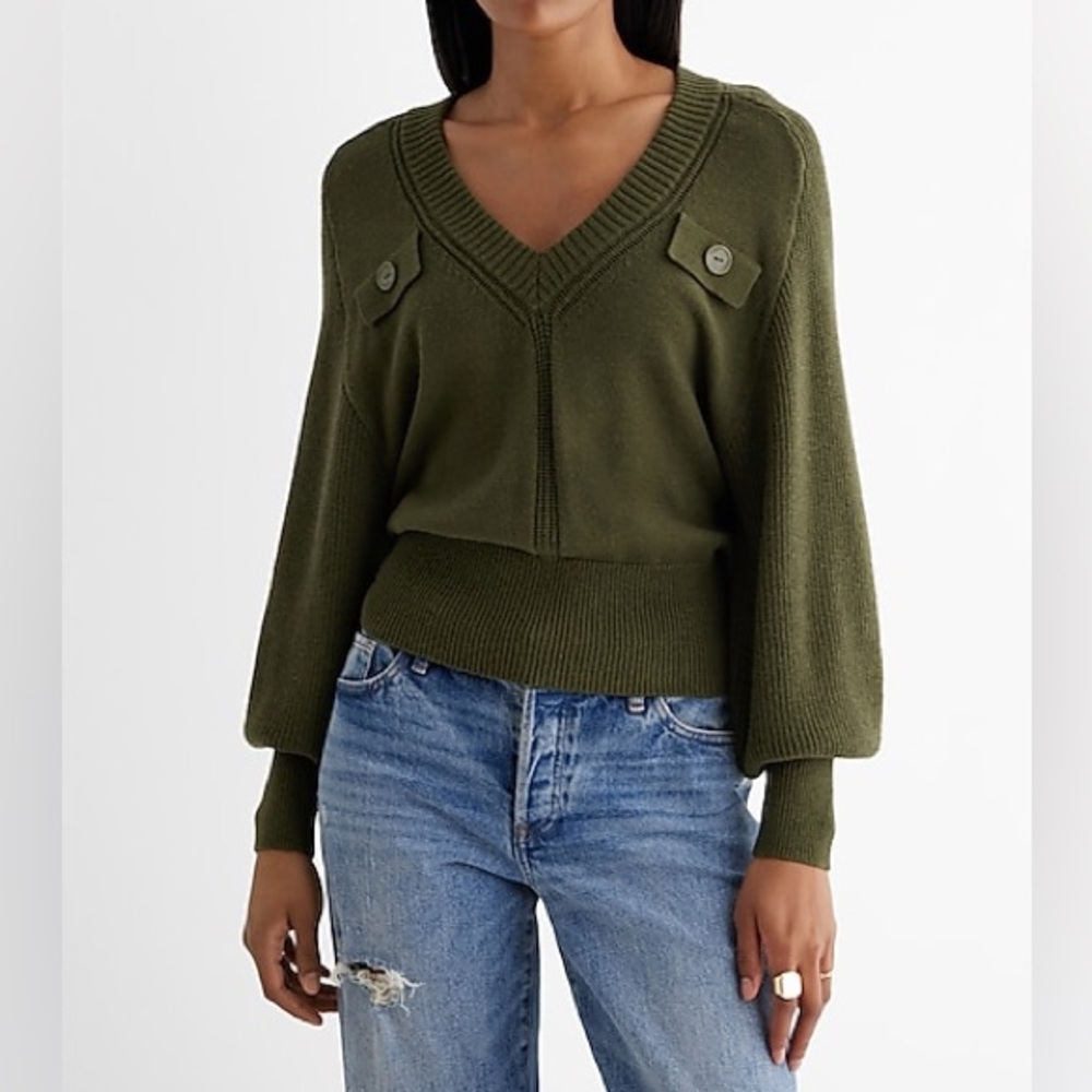 New Express Women's V-Neck Faux Pocket Banded Bottom Sweater Size XL